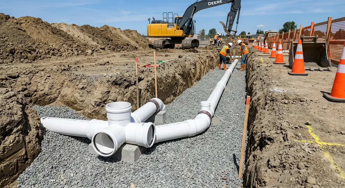 New PVC sewer pipe installation in open trench for Sewer Backup in Rock Island