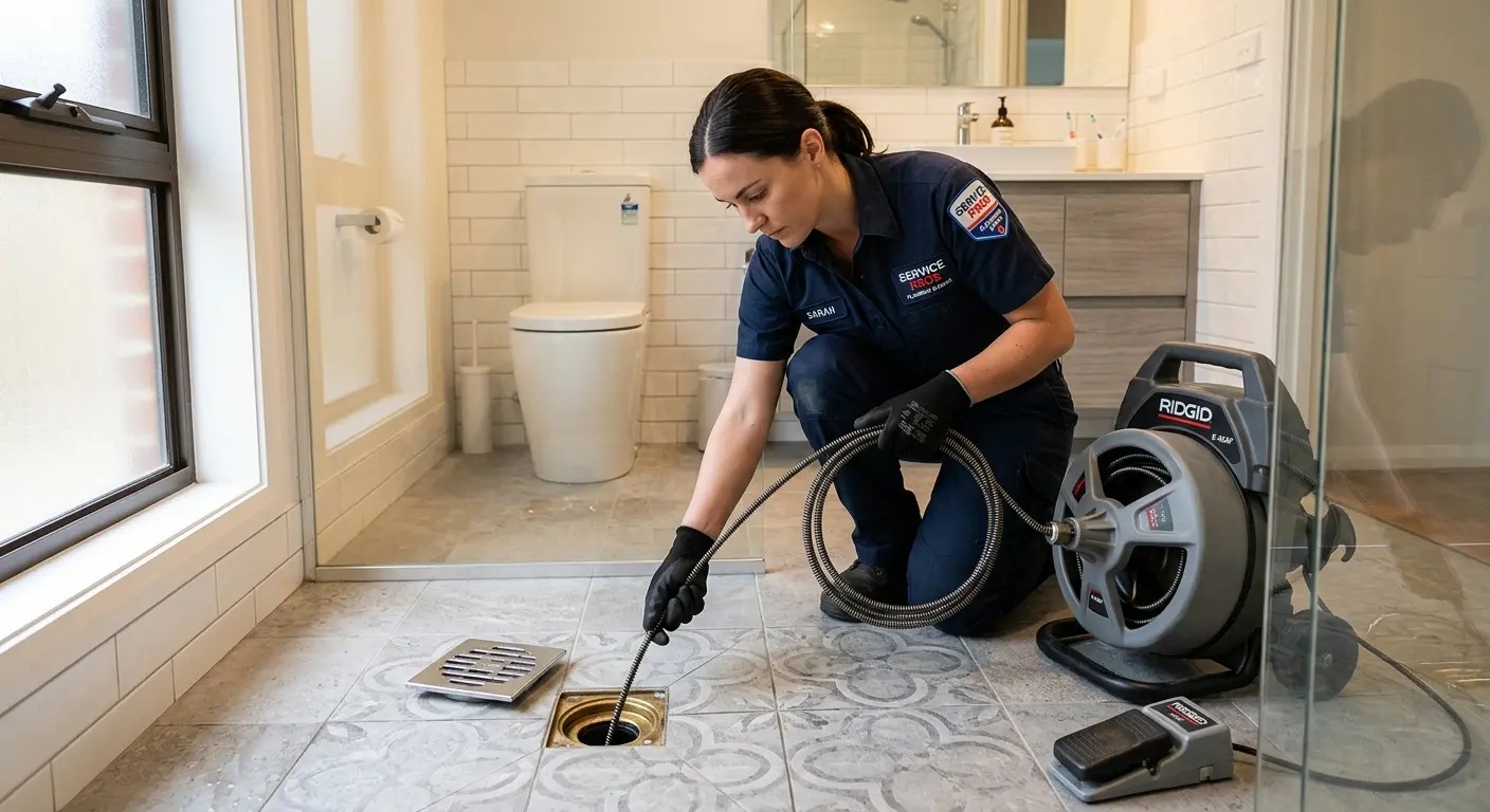 Technician clearing a bathroom floor drain for Hydro Jetting in Rock Island